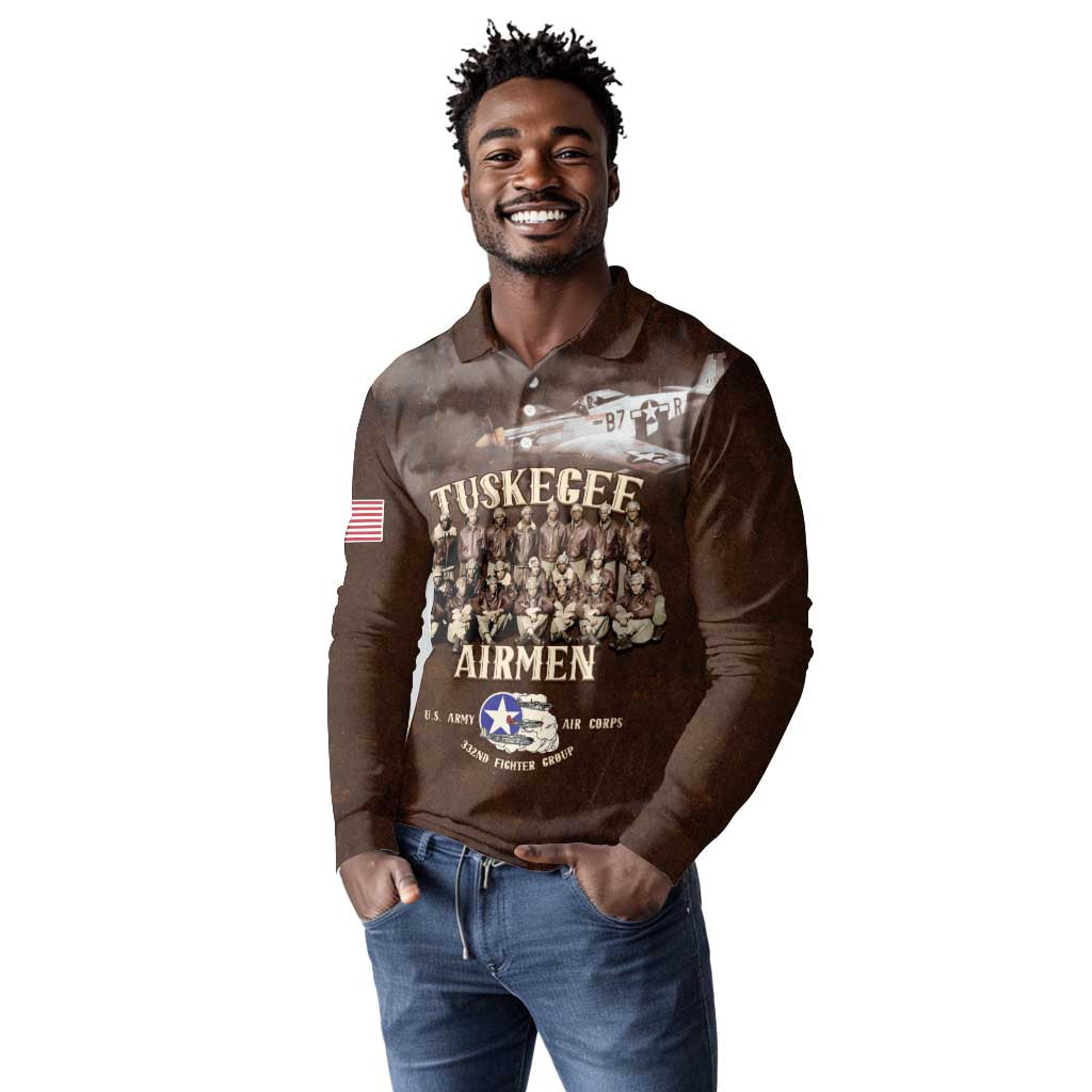 Remembering the Red Tail Heroes Long Sleeve Polo Shirt Tuskegee Airmen Legacy Retro Style - African Pride