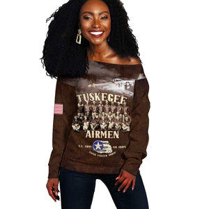 Remembering the Red Tail Heroes Off Shoulder Sweater Tuskegee Airmen Legacy Retro Style - African Pride