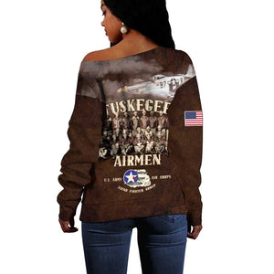 Remembering the Red Tail Heroes Off Shoulder Sweater Tuskegee Airmen Legacy Retro Style - African Pride