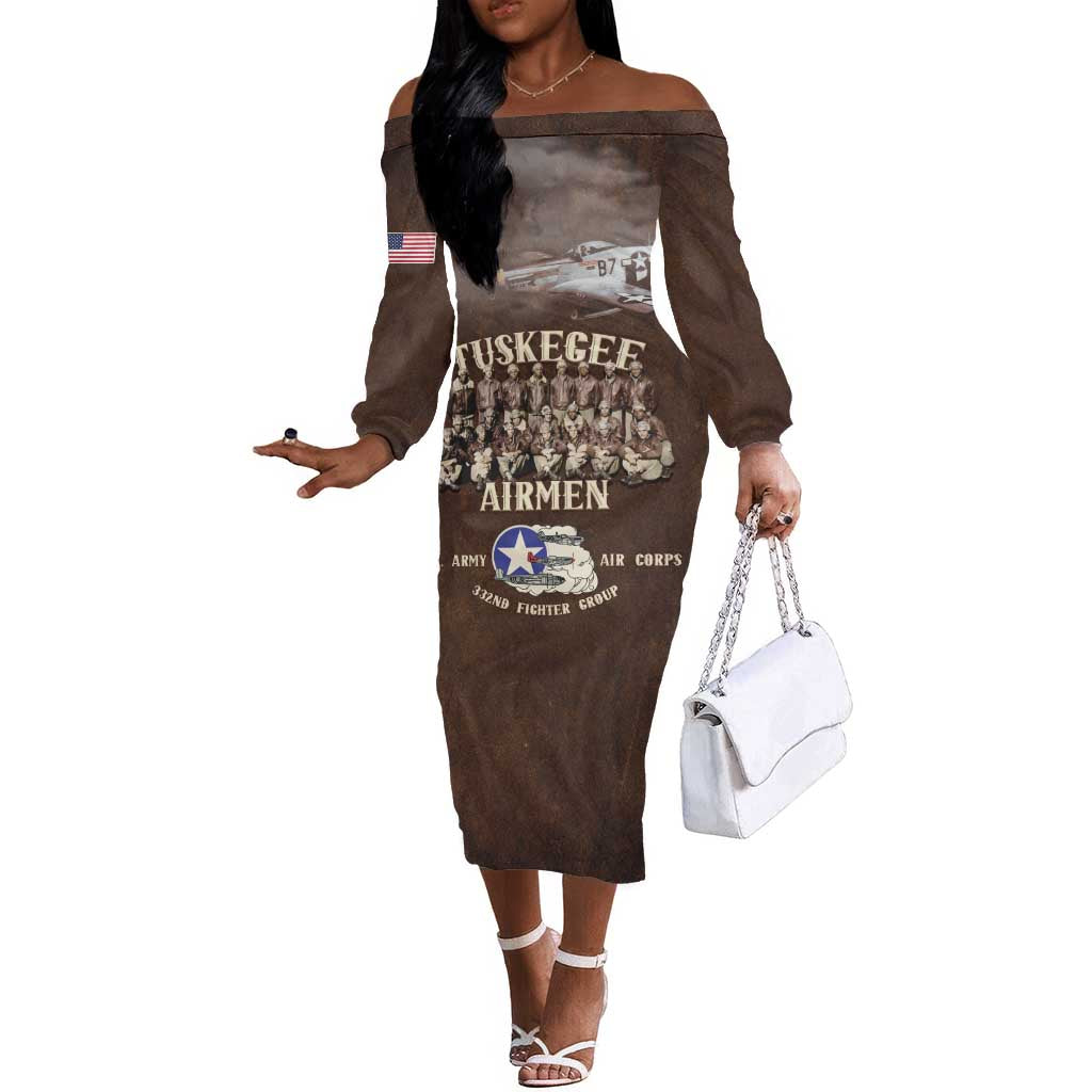 Remembering the Red Tail Heroes Off The Shoulder Long Sleeve Dress Tuskegee Airmen Legacy Retro Style - African Pride
