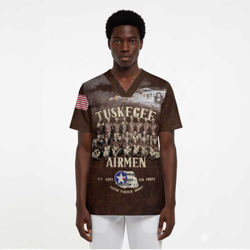 Remembering the Red Tail Heroes Scrub Top Tuskegee Airmen Legacy Retro Style - African Pride
