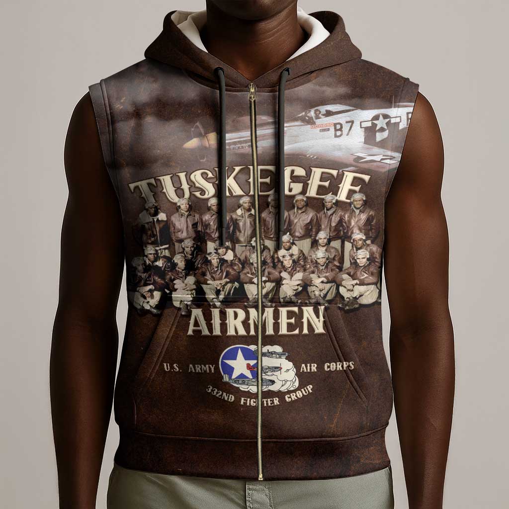 Remembering the Red Tail Heroes Sleeveless Zip Hoodie Tuskegee Airmen Legacy Retro Style - African Pride
