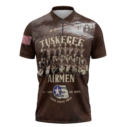 Remembering Tuskegee Airmen Zipper Polo Shirt Heroes of the 332nd Squadron Retro Style