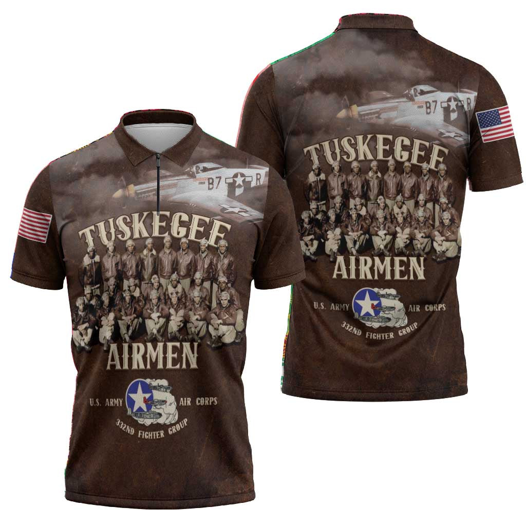 Remembering Tuskegee Airmen Zipper Polo Shirt Heroes of the 332nd Squadron Retro Style