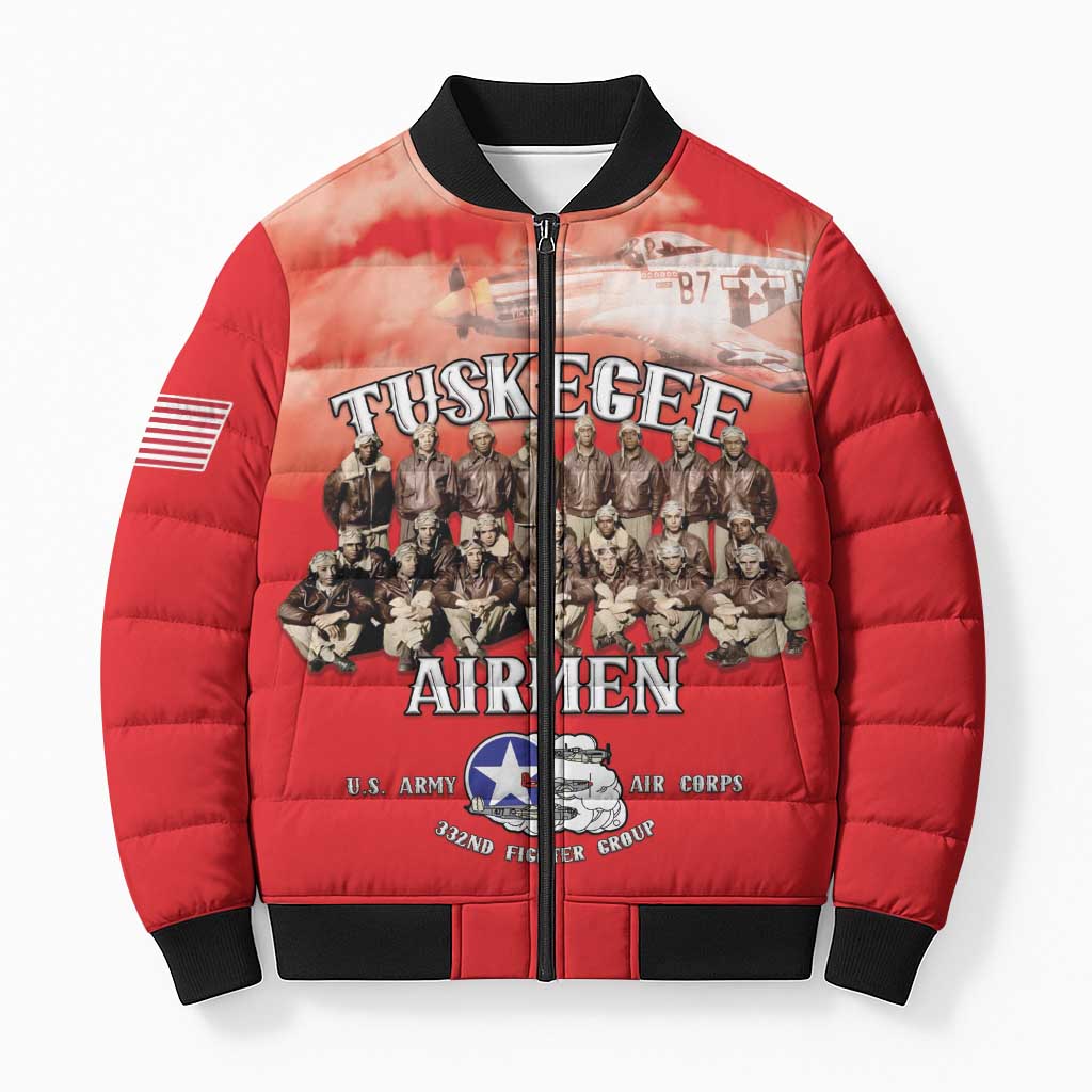 Remembering Tuskegee Airmen Bomber Puffer Jacket Heroes of the 332nd Squadron Red Art