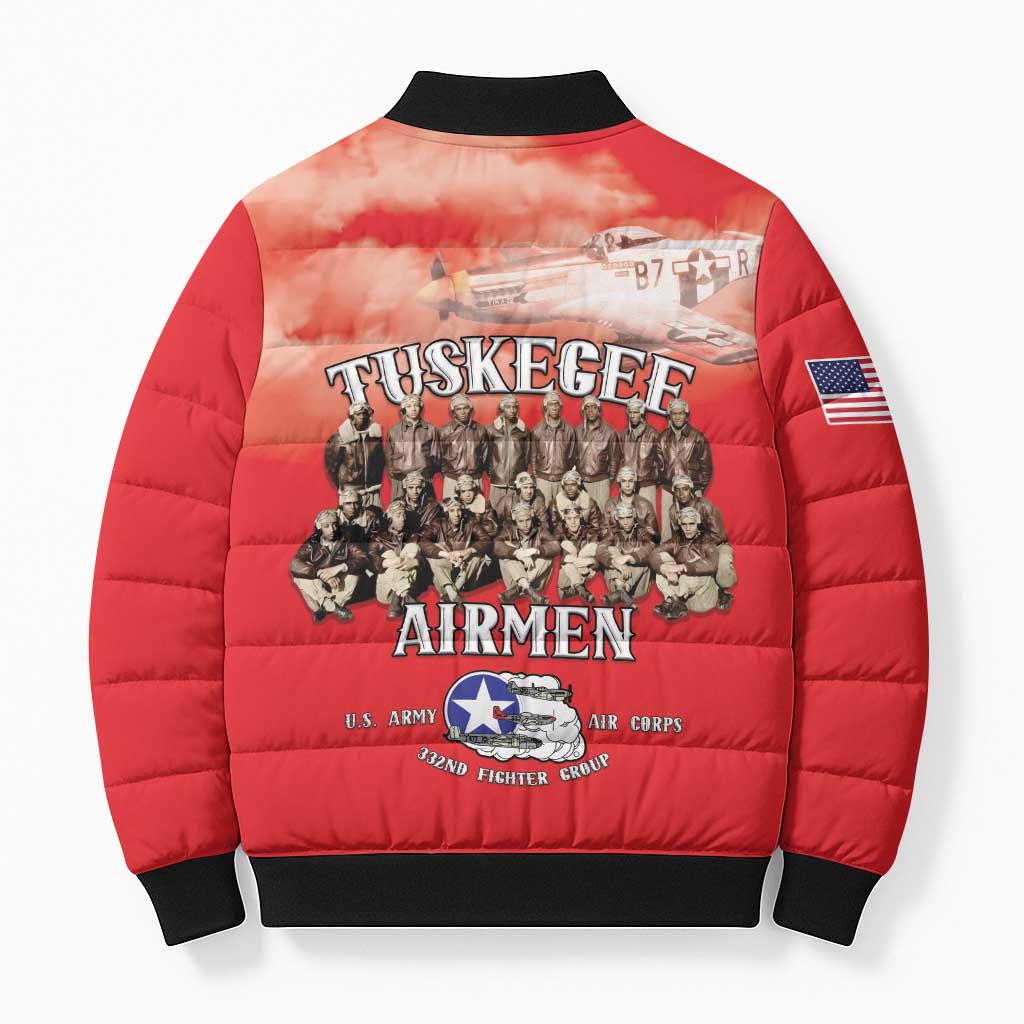 Remembering Tuskegee Airmen Bomber Puffer Jacket Heroes of the 332nd Squadron Red Art