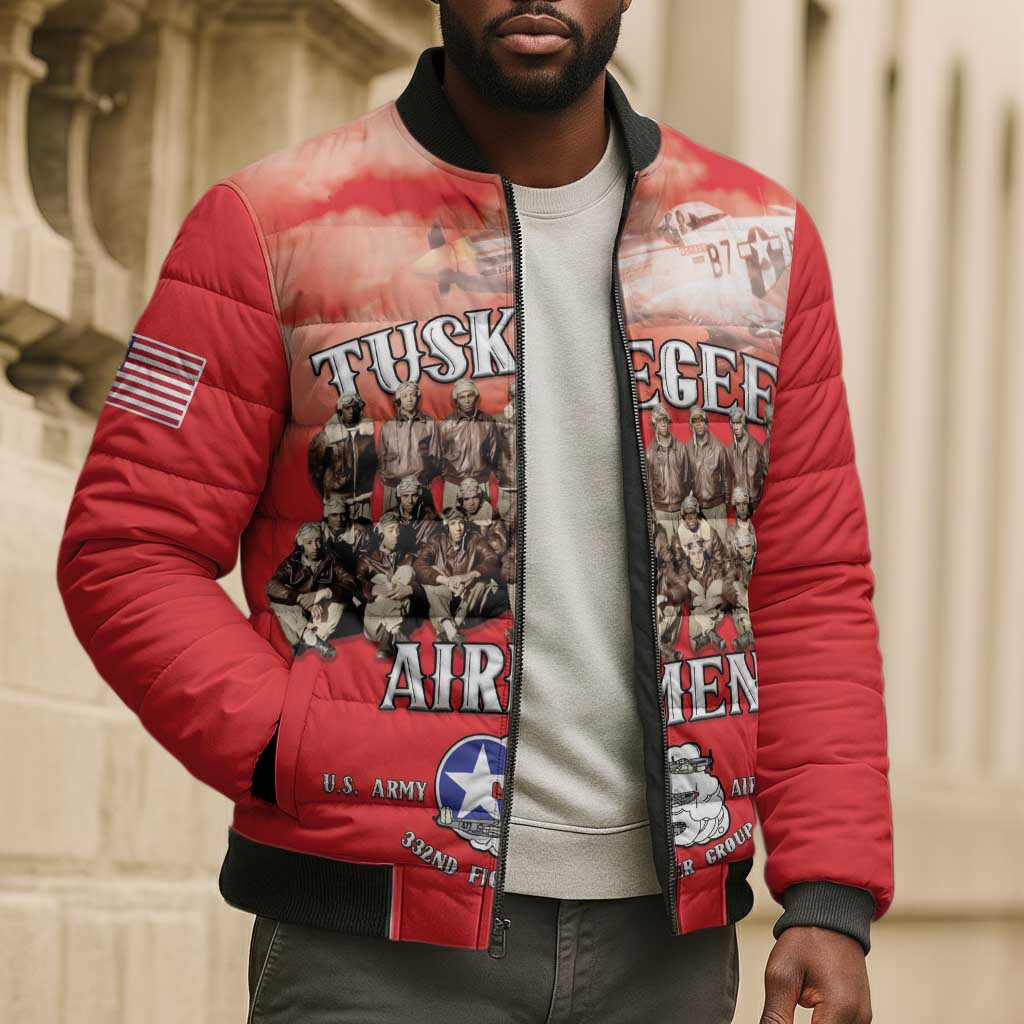 Remembering Tuskegee Airmen Bomber Puffer Jacket Heroes of the 332nd Squadron Red Art
