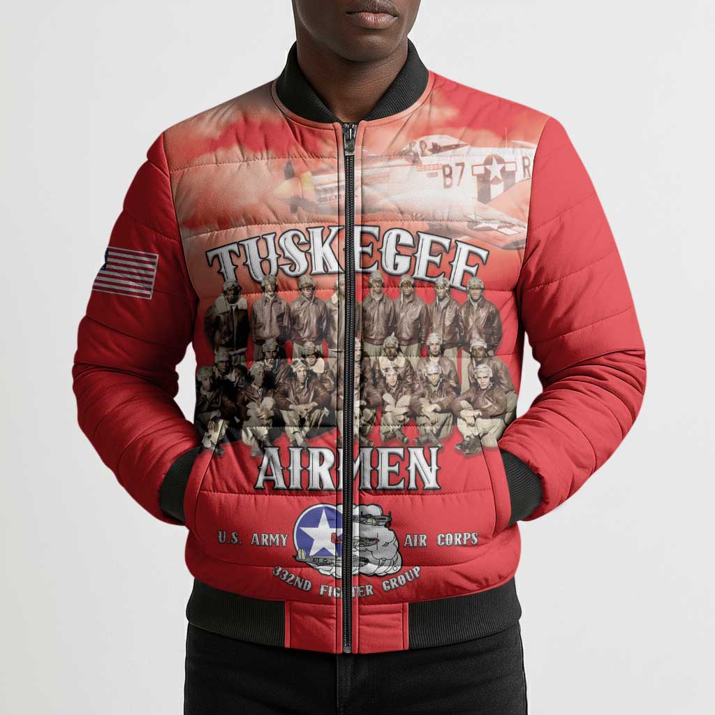 Remembering Tuskegee Airmen Bomber Puffer Jacket Heroes of the 332nd Squadron Red Art