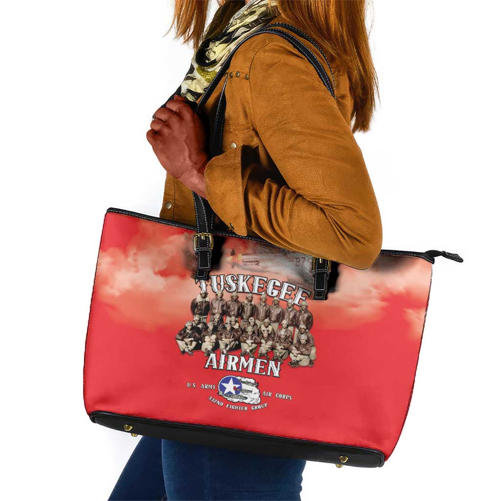 Remembering the Red Tail Heroes Leather Tote Bag Tuskegee Airmen Legacy - Red - African Pride