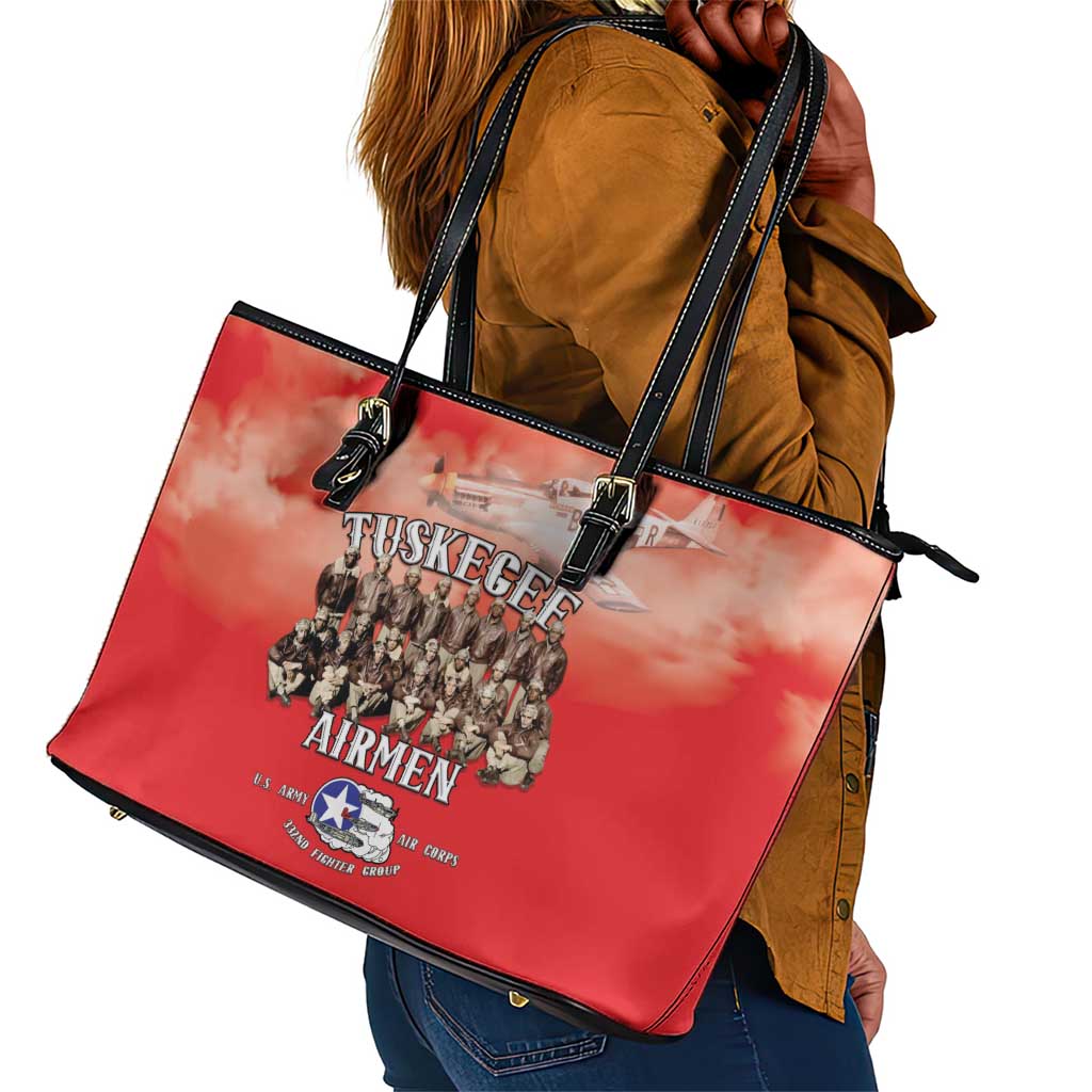 Remembering the Red Tail Heroes Leather Tote Bag Tuskegee Airmen Legacy - Red - African Pride