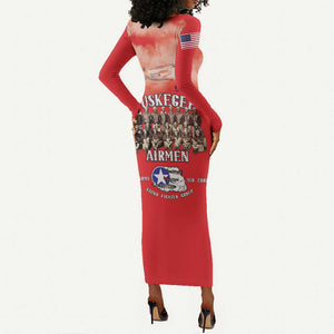 Remembering the Red Tail Heroes Long Sleeve Bodycon Dress Tuskegee Airmen Legacy - Red - African Pride