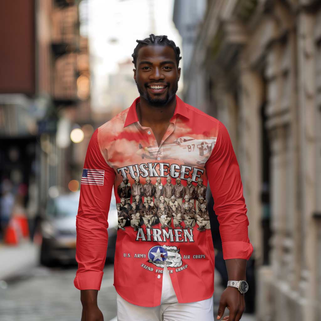 Remembering the Red Tail Heroes Long Sleeve Button Shirt Tuskegee Airmen Legacy - Red - African Pride