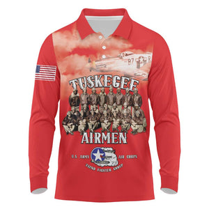 Remembering the Red Tail Heroes Long Sleeve Polo Shirt Tuskegee Airmen Legacy - Red - African Pride