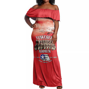 Remembering the Red Tail Heroes Off Shoulder Maxi Dress Tuskegee Airmen Legacy - Red - African Pride