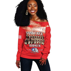 Remembering the Red Tail Heroes Off Shoulder Sweater Tuskegee Airmen Legacy - Red - African Pride