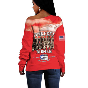 Remembering the Red Tail Heroes Off Shoulder Sweater Tuskegee Airmen Legacy - Red - African Pride