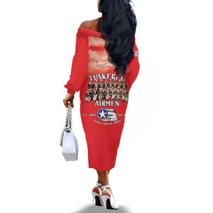 Remembering the Red Tail Heroes Off The Shoulder Long Sleeve Dress Tuskegee Airmen Legacy - Red - African Pride