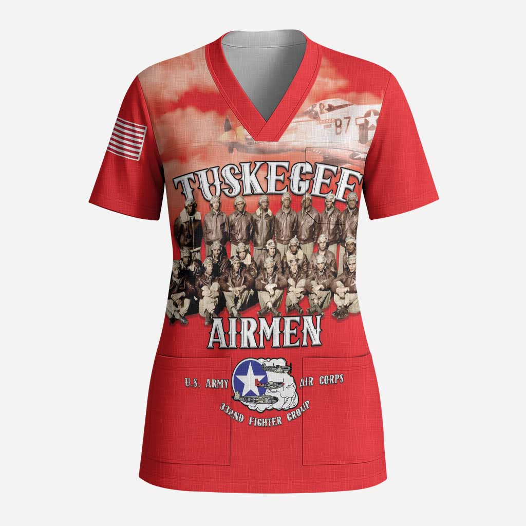 Remembering the Red Tail Heroes Scrub Top Tuskegee Airmen Legacy - Red - African Pride