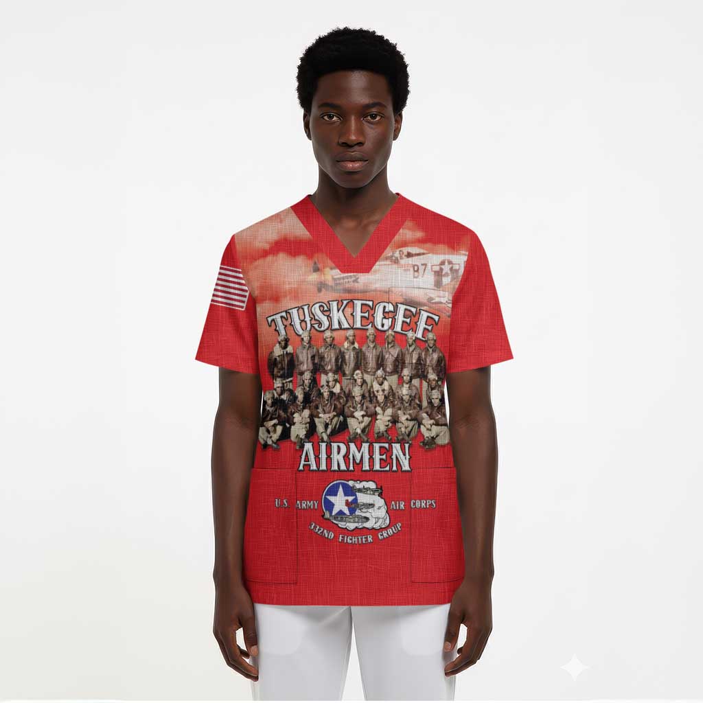 Remembering the Red Tail Heroes Scrub Top Tuskegee Airmen Legacy - Red - African Pride
