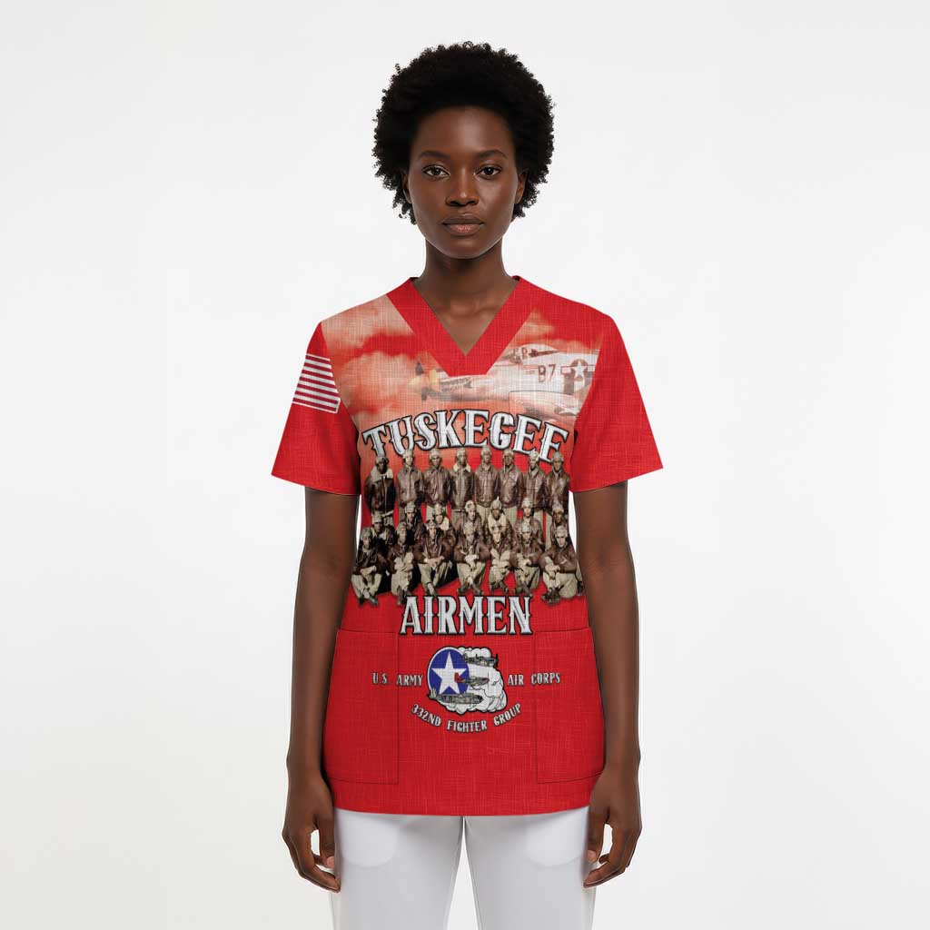 Remembering the Red Tail Heroes Scrub Top Tuskegee Airmen Legacy - Red - African Pride