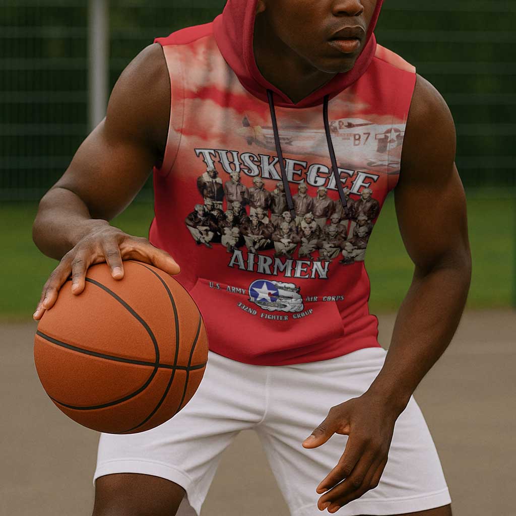 Remembering the Red Tail Heroes Sleeveless Hoodie Tuskegee Airmen Legacy - Red - African Pride