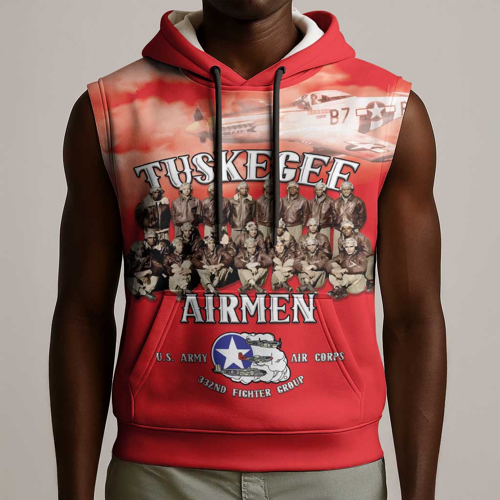 Remembering the Red Tail Heroes Sleeveless Hoodie Tuskegee Airmen Legacy - Red - African Pride