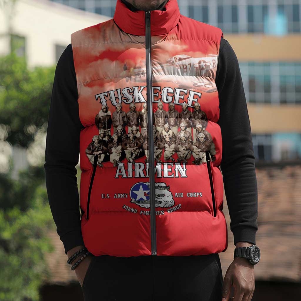 Remembering Tuskegee Airmen Sleeveless Puffer Jacket Heroes of the 332nd Squadron Red Art