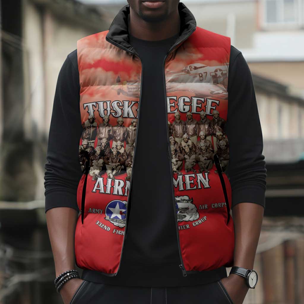Remembering Tuskegee Airmen Sleeveless Puffer Jacket Heroes of the 332nd Squadron Red Art