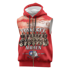 Remembering the Red Tail Heroes Sleeveless Zip Hoodie Tuskegee Airmen Legacy - Red - African Pride