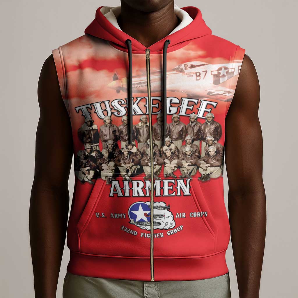 Remembering the Red Tail Heroes Sleeveless Zip Hoodie Tuskegee Airmen Legacy - Red - African Pride