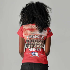 Remembering the Red Tail Heroes Women V-Neck T-Shirt Tuskegee Airmen Legacy - Red - African Pride