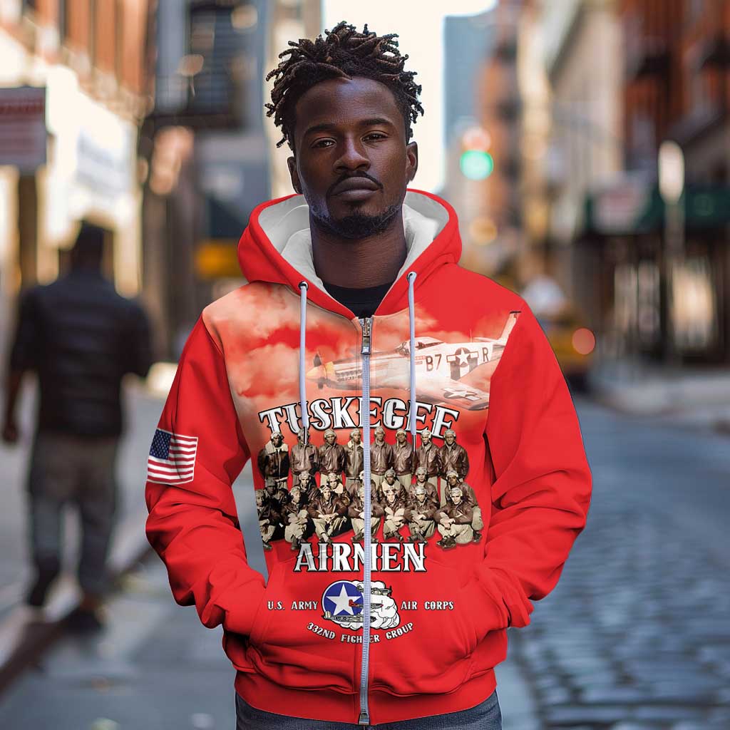 Remembering the Red Tail Heroes Zip Hoodie Tuskegee Airmen Legacy - Red - African Pride