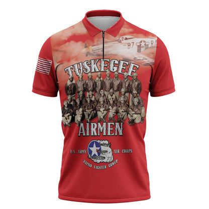 Remembering Tuskegee Airmen Zipper Polo Shirt Heroes of the 332nd Squadron Red Art