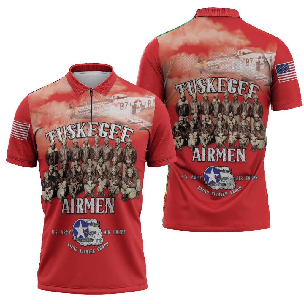 Remembering Tuskegee Airmen Zipper Polo Shirt Heroes of the 332nd Squadron Red Art