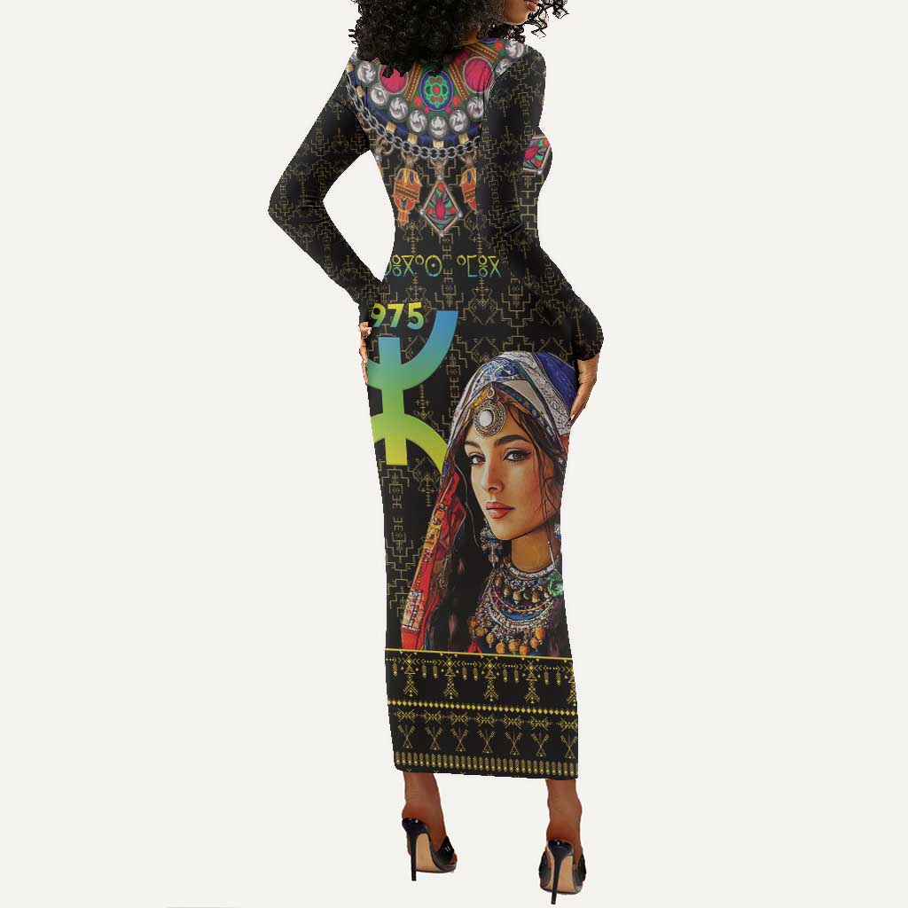 Assegwas Ameggaz Yennayer Long Sleeve Bodycon Dress Women Amazigh - Berber Pattern LT15