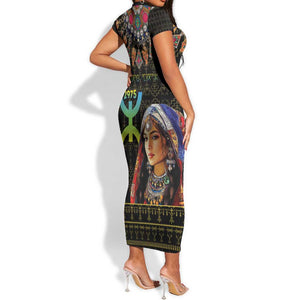 Assegwas Ameggaz Yennayer Short Sleeve Bodycon Dress Women Amazigh - Berber Pattern LT15