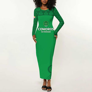 Custom Comoros Football Long Sleeve Bodycon Dress Go Champions Green Les Coelacantes - African Pride