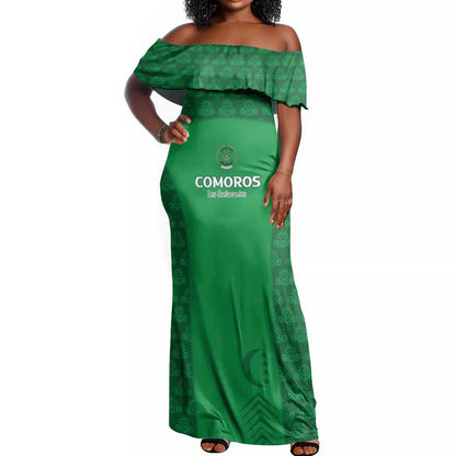 Custom Comoros Football Off Shoulder Maxi Dress Go Champions Green Les Coelacantes - African Pride