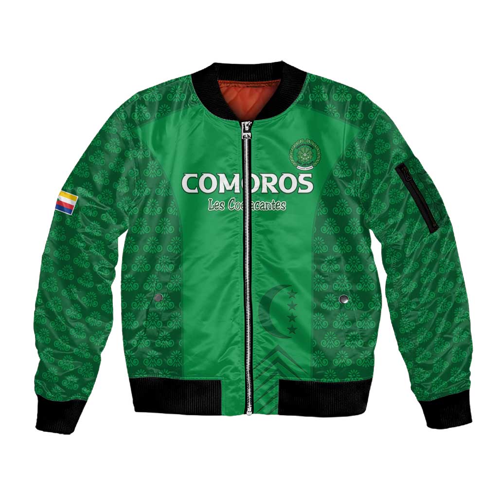 Custom Comoros Football Sleeve Zip Bomber Jacket Go Champions Green Les Coelacantes - African Pride