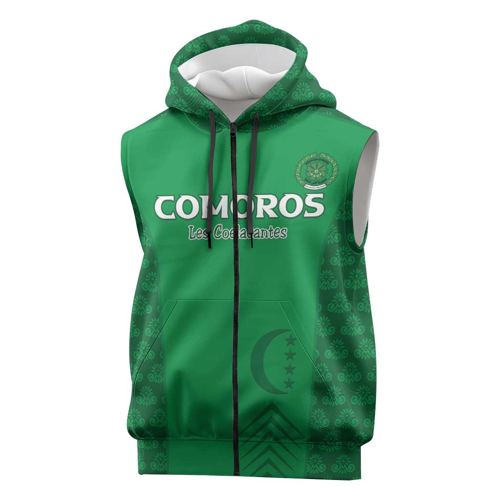 Custom Comoros Football Sleeveless Zip Hoodie Go Champions Green Les Coelacantes - African Pride