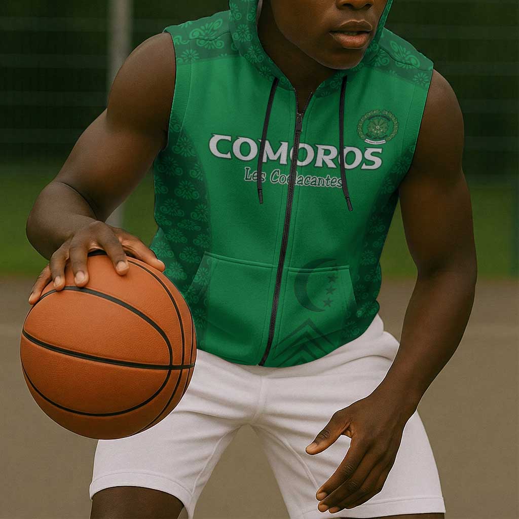 Custom Comoros Football Sleeveless Zip Hoodie Go Champions Green Les Coelacantes - African Pride