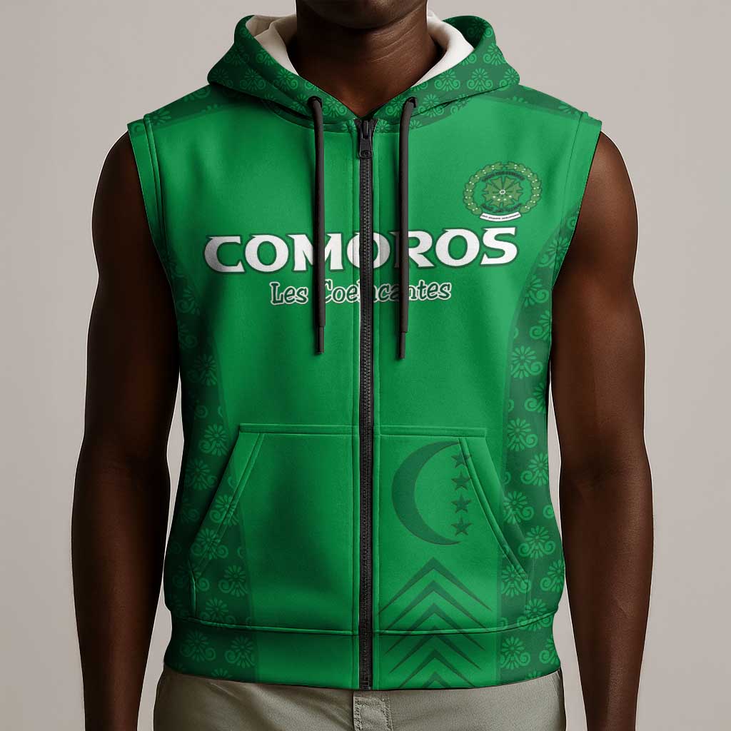 Custom Comoros Football Sleeveless Zip Hoodie Go Champions Green Les Coelacantes - African Pride
