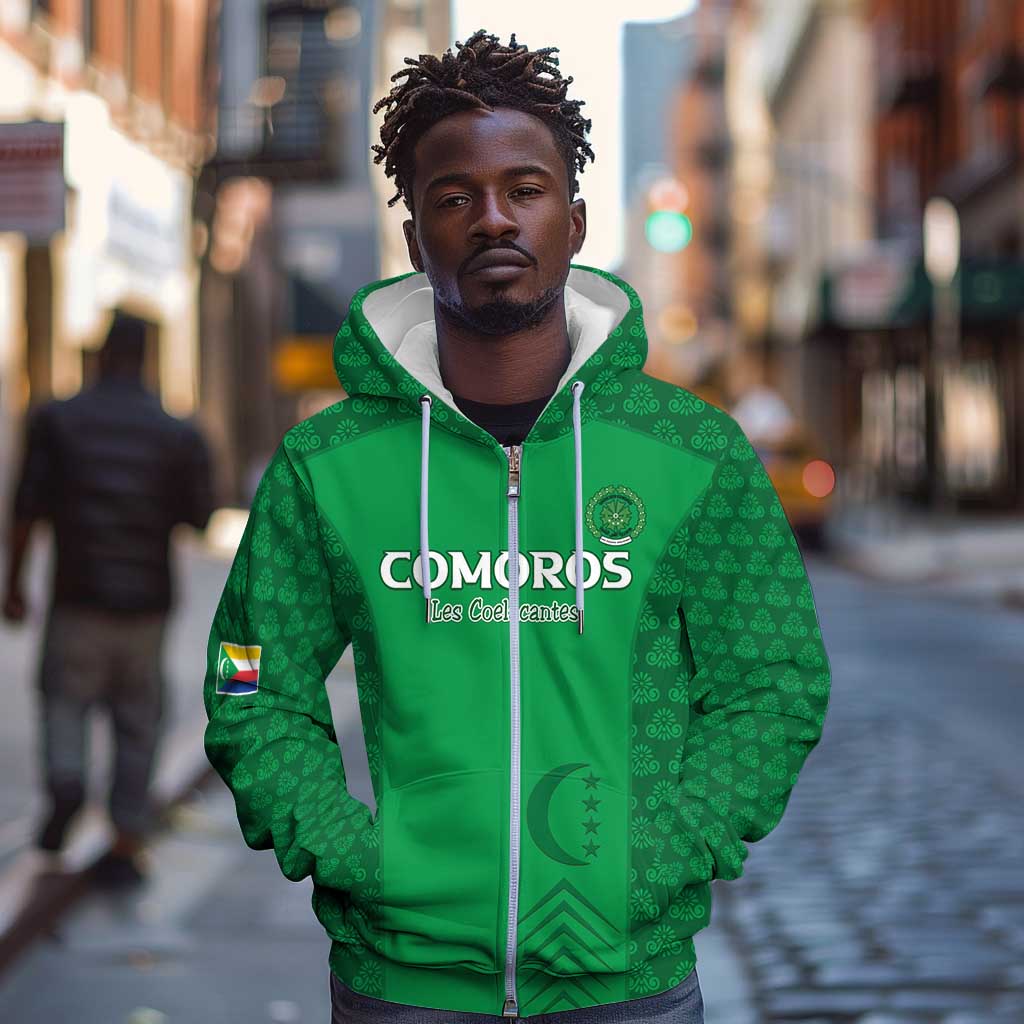 Custom Comoros Football Zip Hoodie Go Champions Green Les Coelacantes - African Pride