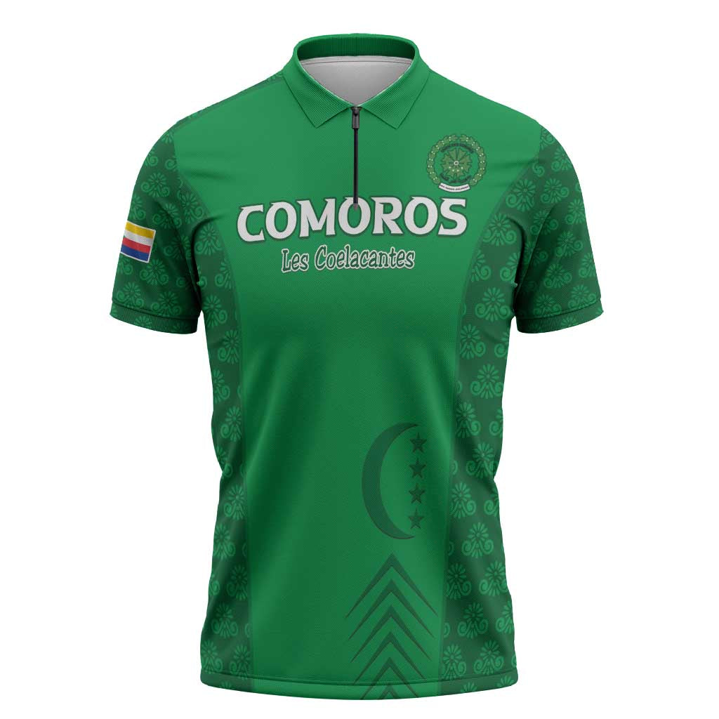 Custom Comoros Football Zipper Polo Shirt Go Champions Green Les Coelacantes - African Pride
