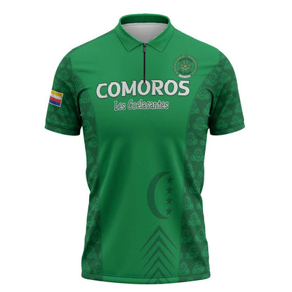 Custom Comoros Football Zipper Polo Shirt Go Champions Green Les Coelacantes - African Pride