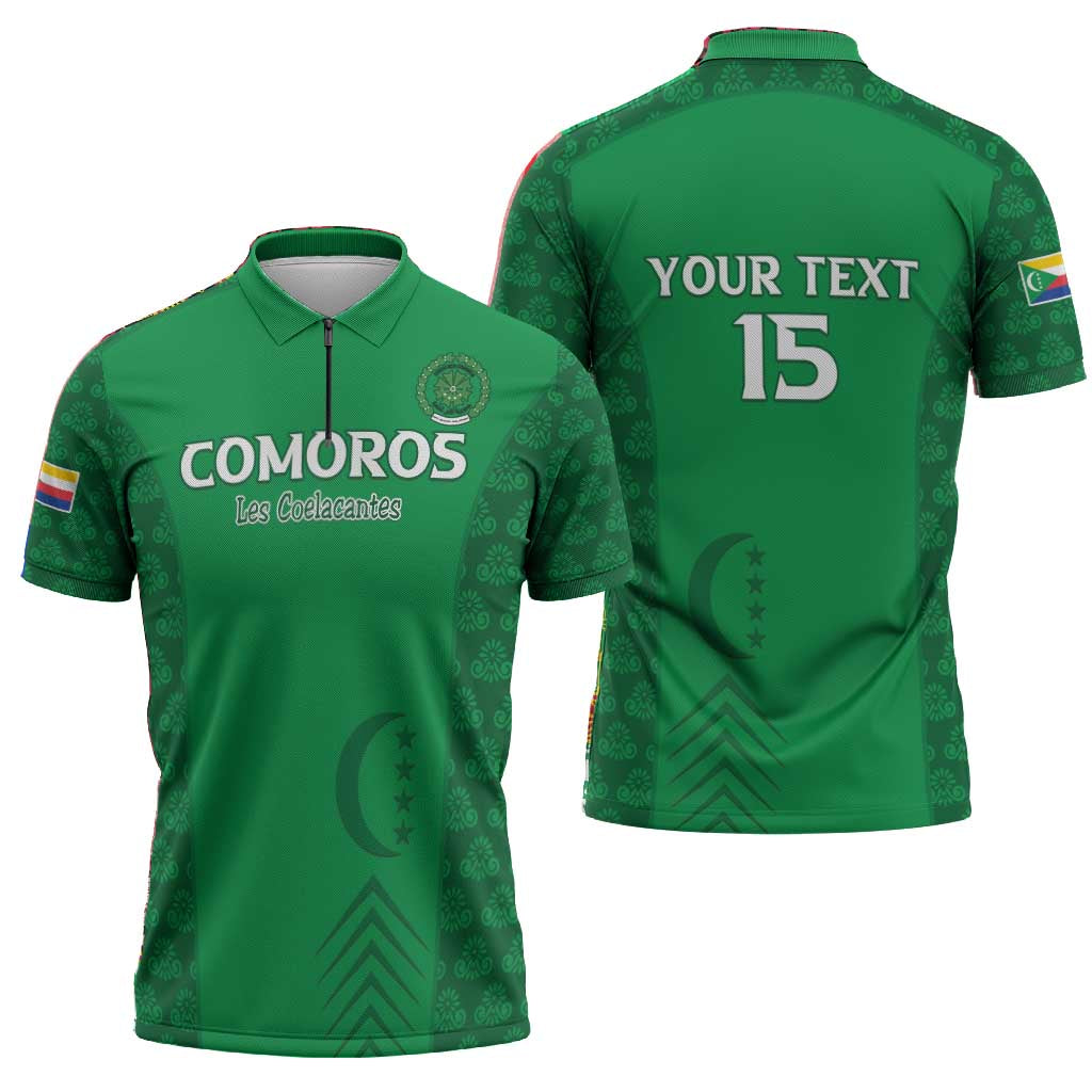 Custom Comoros Football Zipper Polo Shirt Go Champions Green Les Coelacantes - African Pride