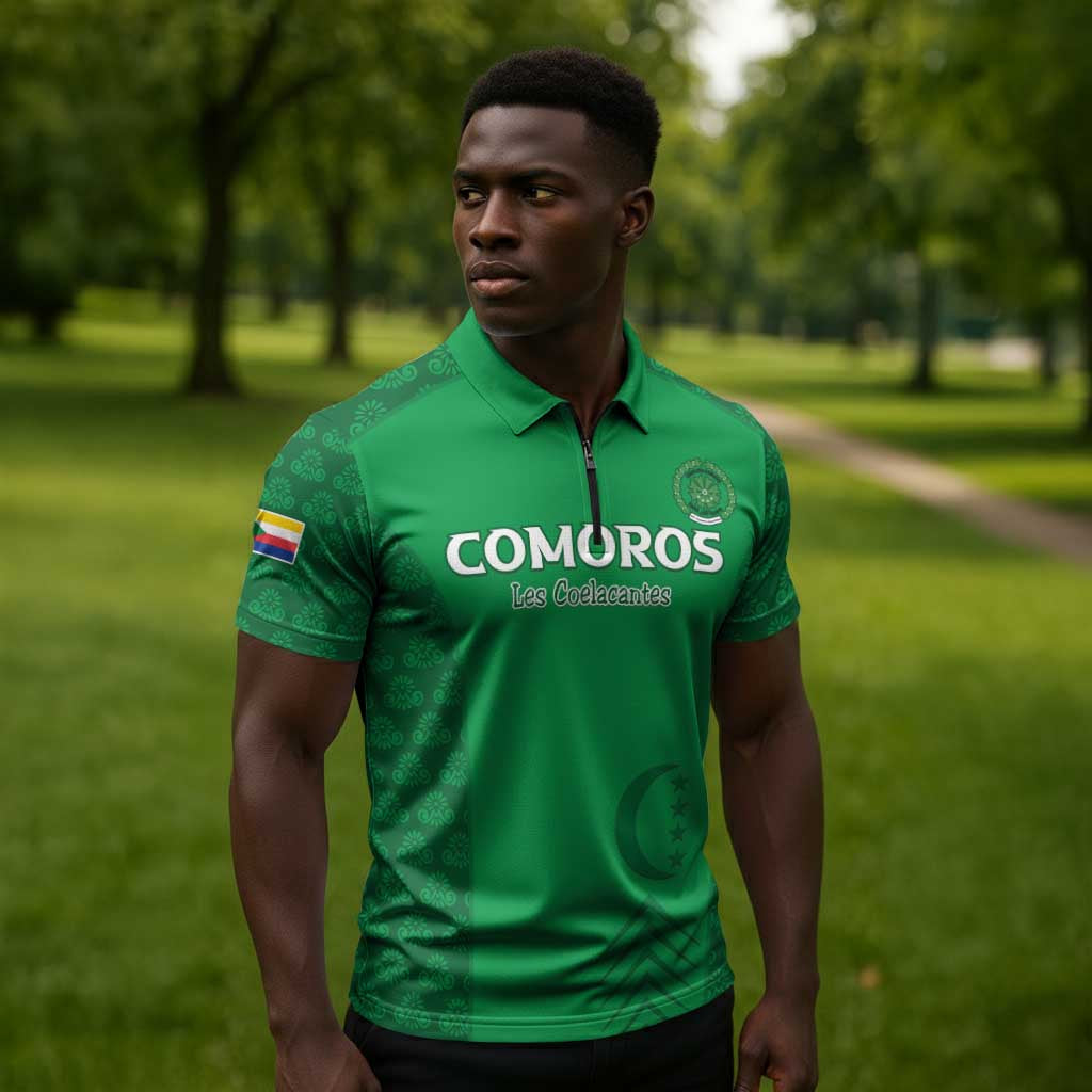 Custom Comoros Football Zipper Polo Shirt Go Champions Green Les Coelacantes - African Pride