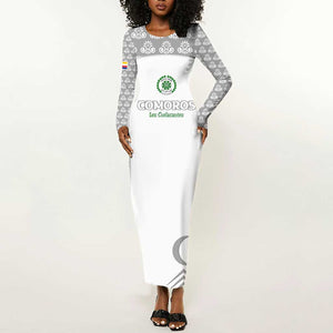 Custom Comoros Football Long Sleeve Bodycon Dress Go Champions White Les Coelacantes - African Pride