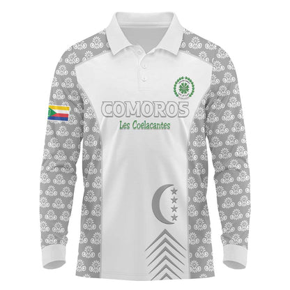 Custom Comoros Football Long Sleeve Polo Shirt Go Champions White Les Coelacantes - African Pride