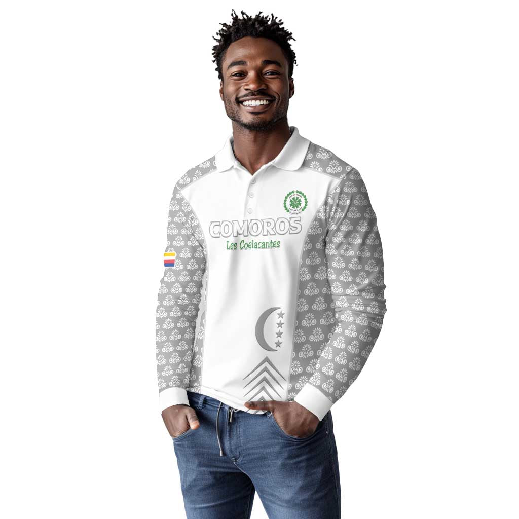 Custom Comoros Football Long Sleeve Polo Shirt Go Champions White Les Coelacantes - African Pride